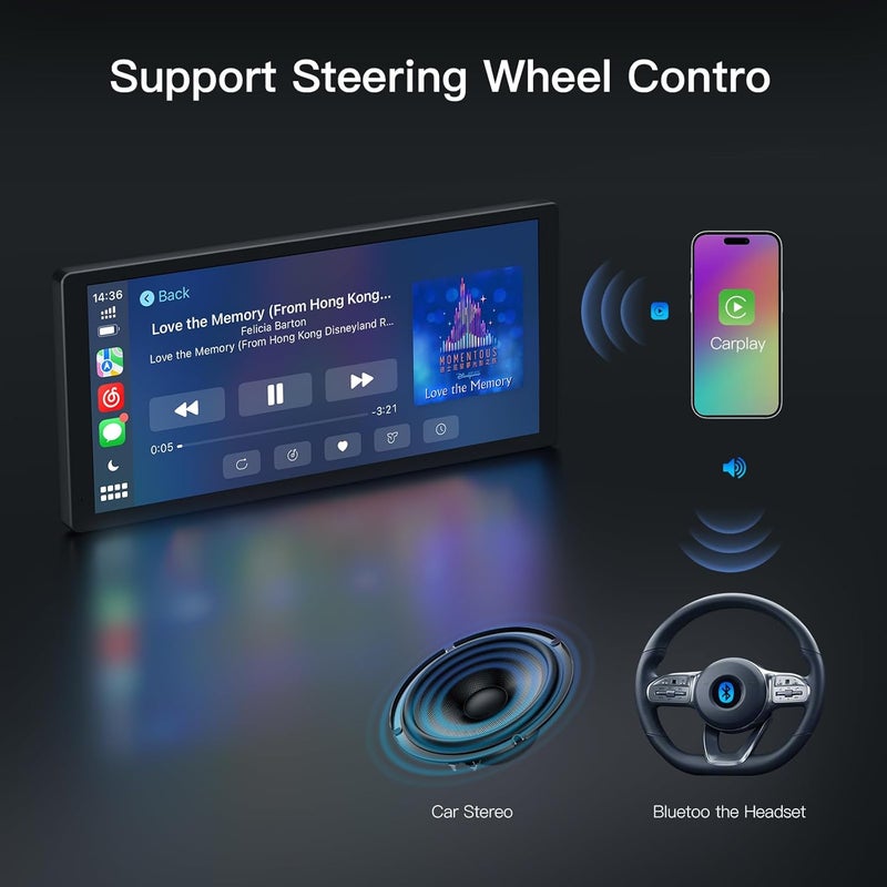 CarABC Wireless Carplay Screen for Car, 10.3'' Portable CarPlay & Android Auto Touchscreen, with 60Fps,1600 * 720 Ultra High Resolution, Support Steering Wheel Control - Image 5